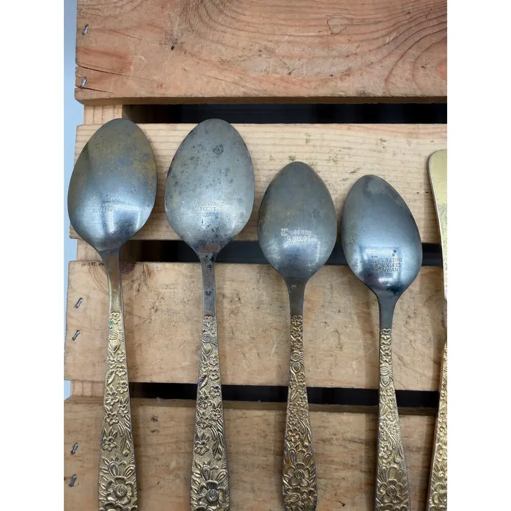 Vintage Lifetime Cutlery Gold-Tone Floral Stainless Flatware – 9 Piece Set